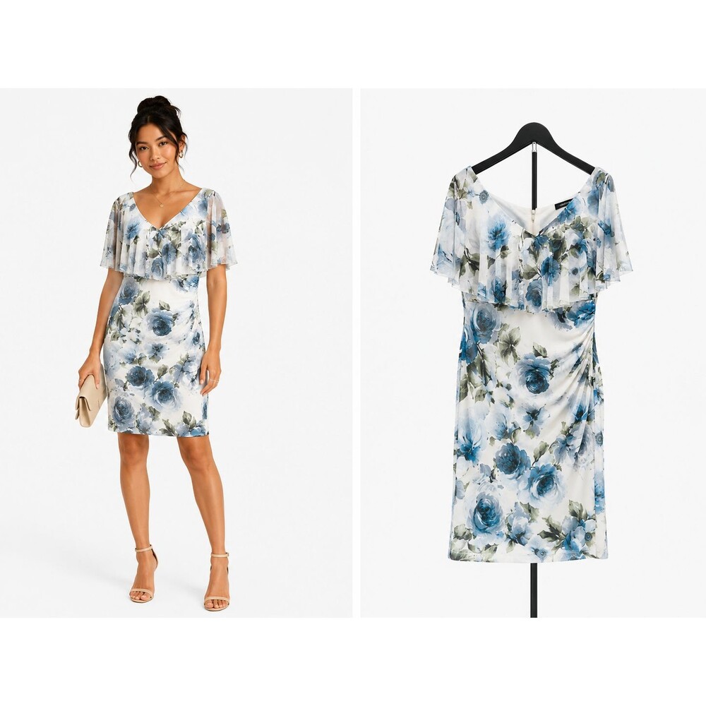 CONNECTED APPAREL Floral Mesh Sheath Dress Size 12 Ruffle Off Shoulder Blue
